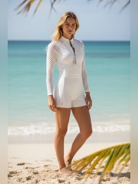 GIGI C White Eyelet Long Sleeve One Piece Shorts Swim Zip Surf Suit
